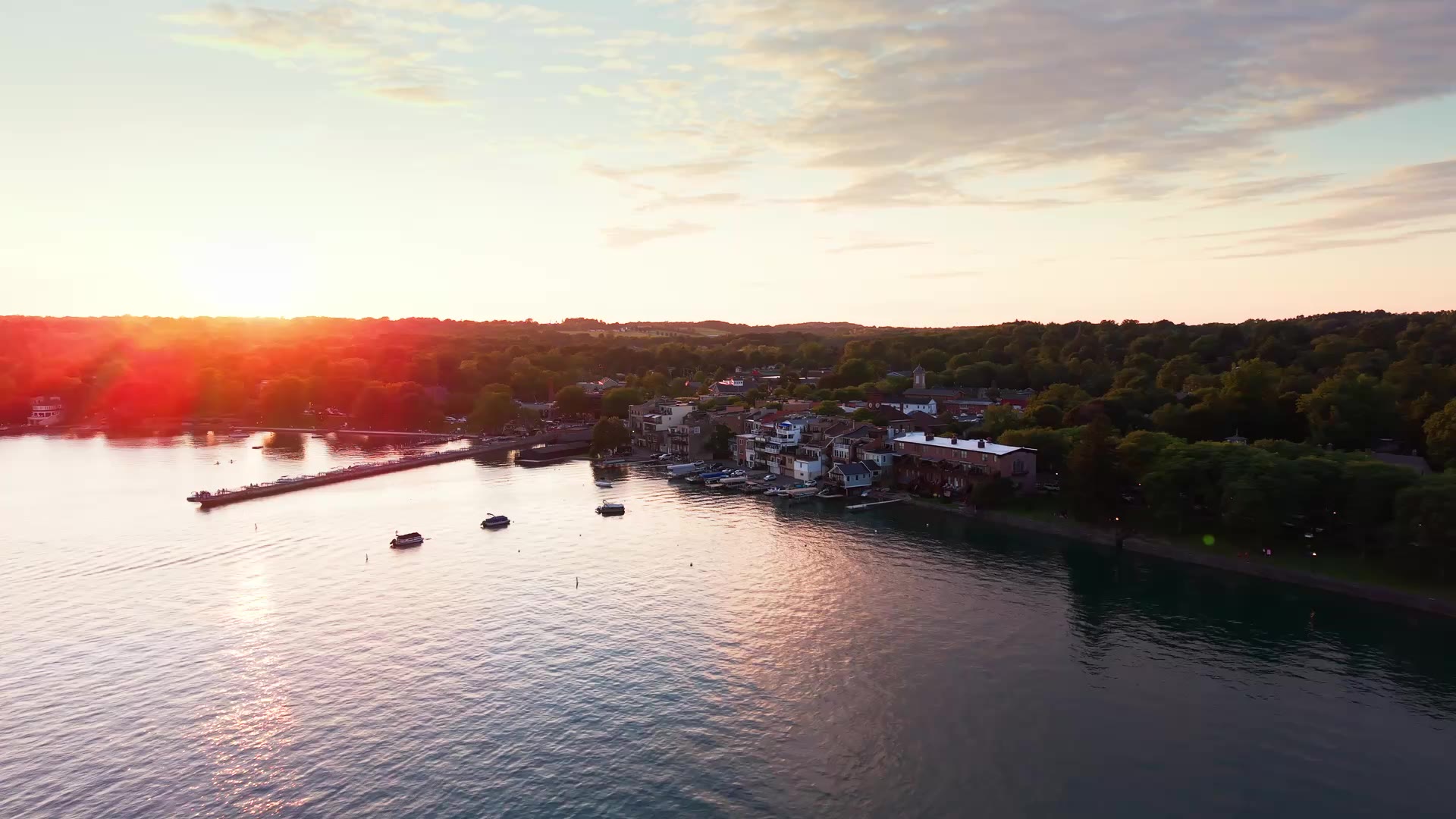 Aerial waterfront view at sunset